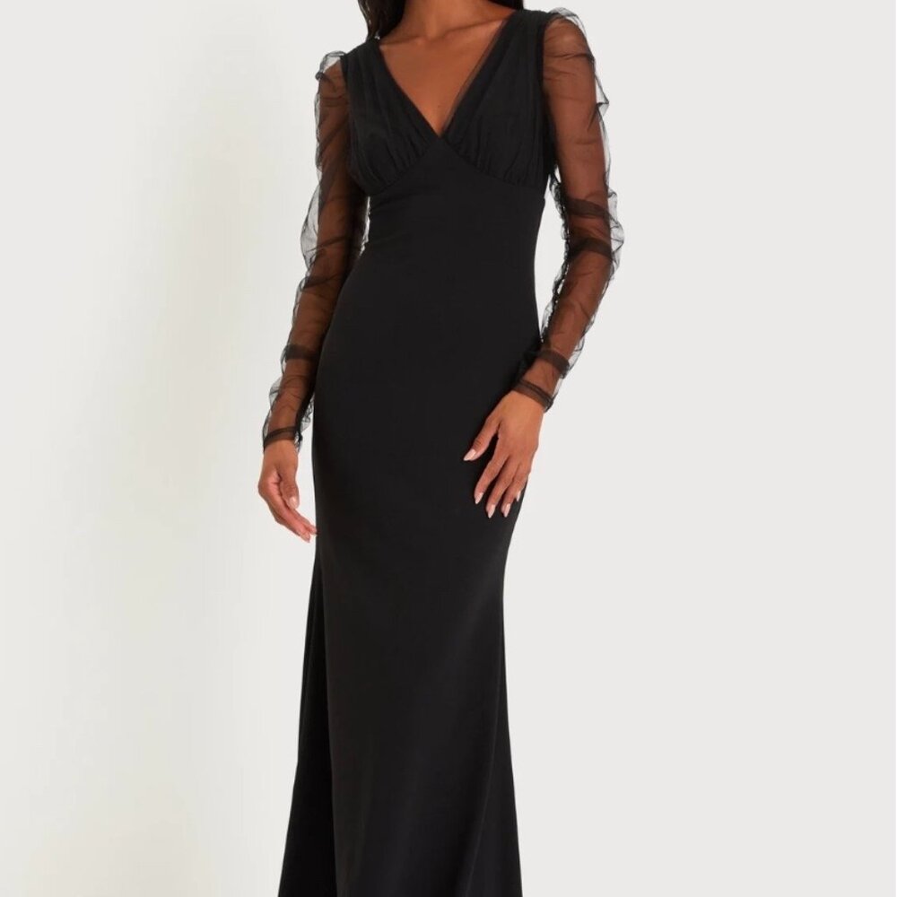 Lulus NWT Red Carpet Energy Black Tulle Long Sleeve Mermaid Maxi Dress
